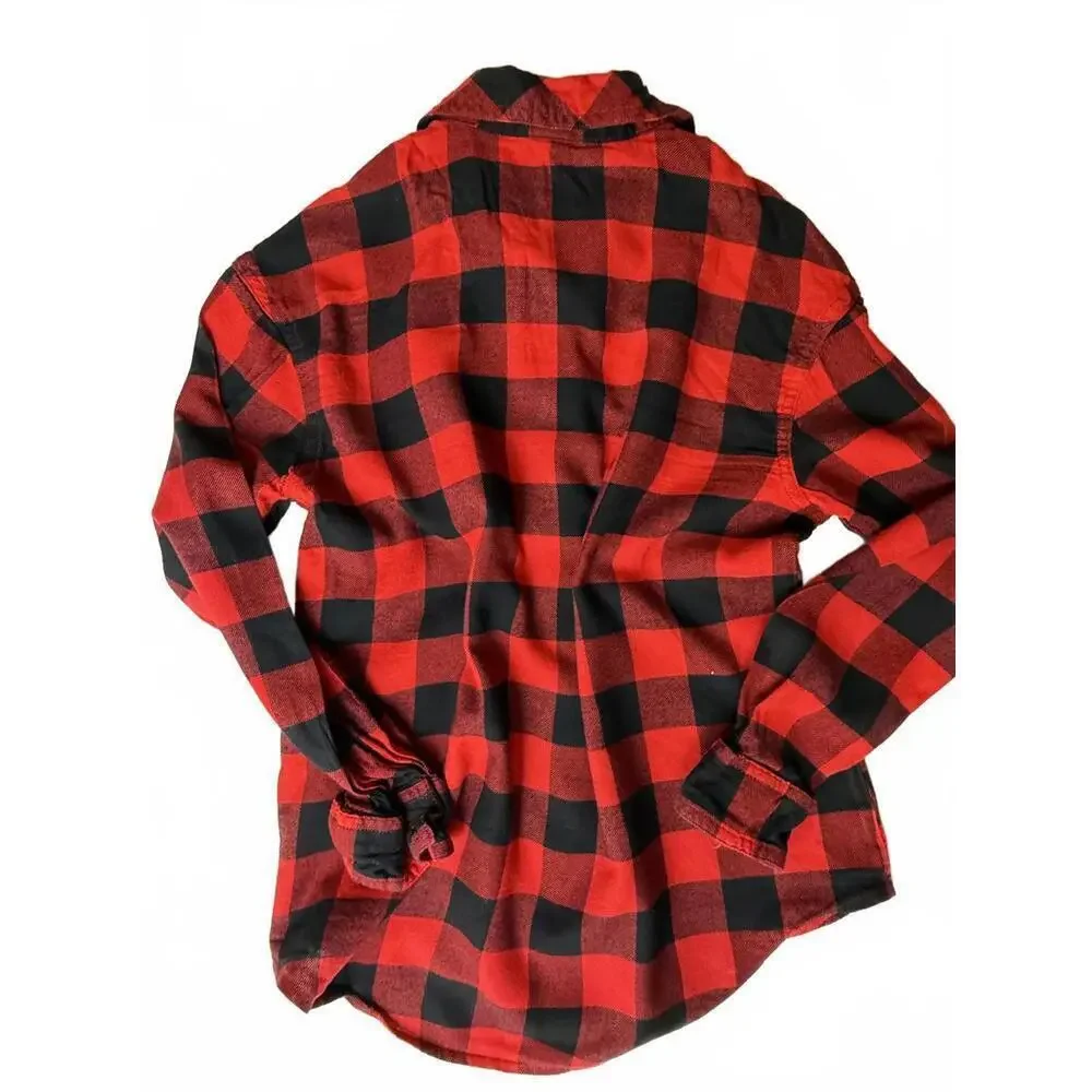 Justice Shirt Girls 10 Red Black Plaid Button Up Long Sleeve Soft Flannel